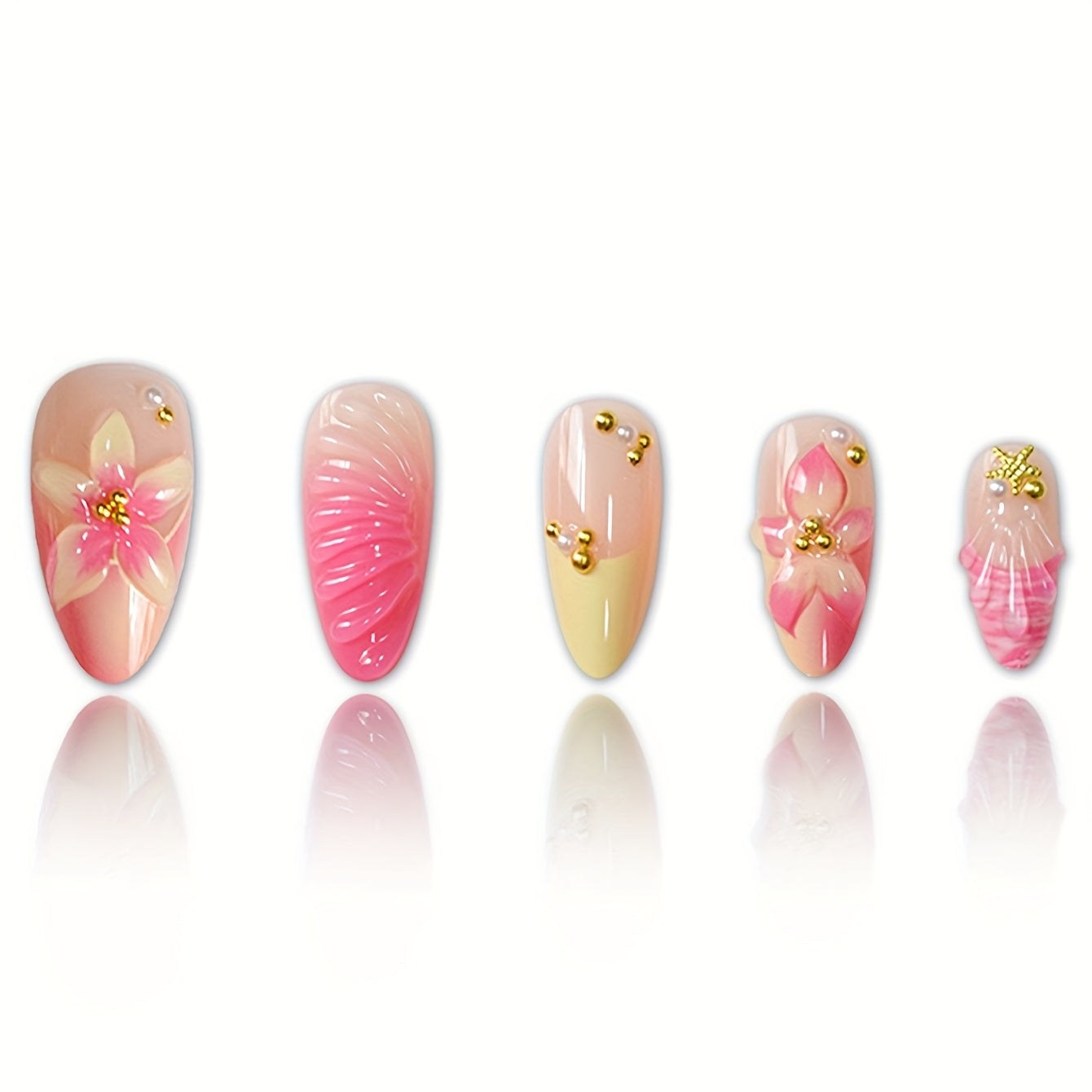 24-Piece Medium Almond Press-On Nails - French Floral & Gold Starfish | OEM Wholesale