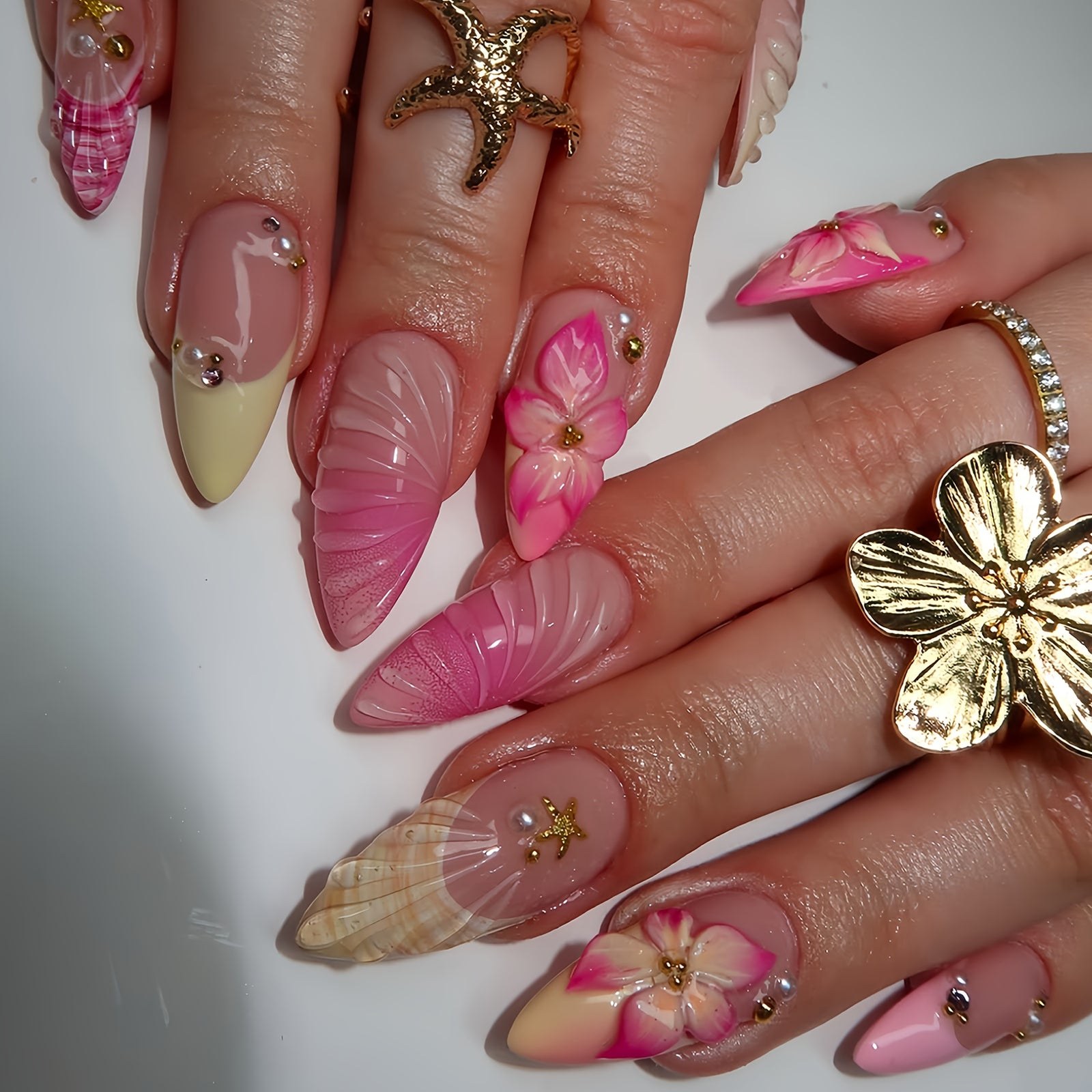 24-Piece Medium Almond Press-On Nails - French Floral & Gold Starfish | OEM Wholesale