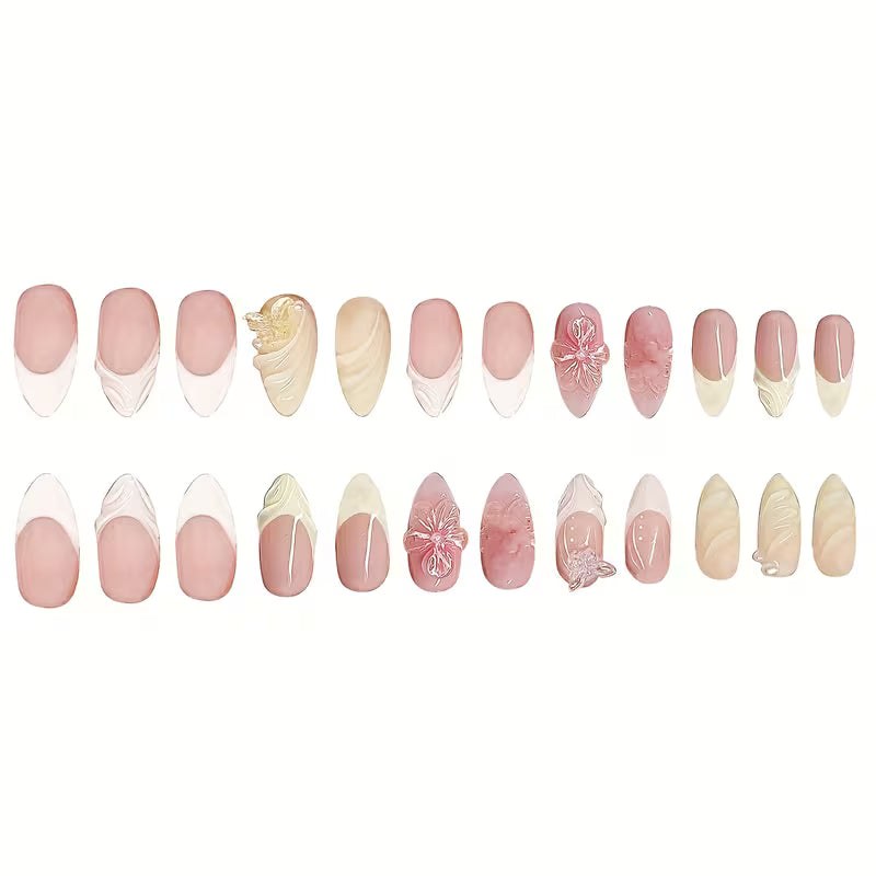 Almond Press-On Nails - 3D Butterfly & French Floral Swirl, 24 Pcs | OEM Wholesale