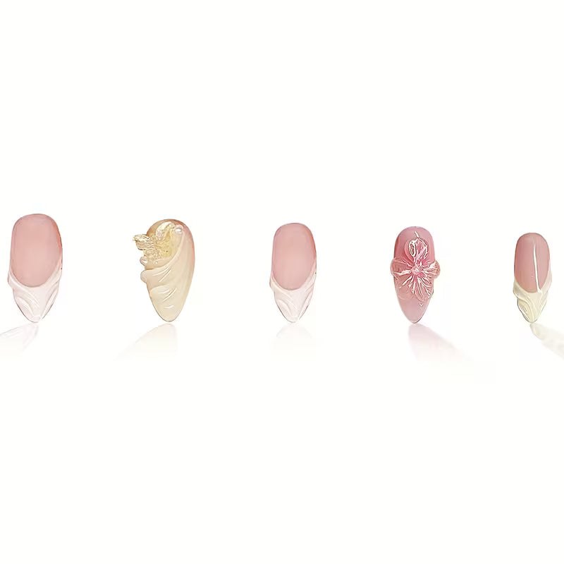 Almond Press-On Nails - 3D Butterfly & French Floral Swirl, 24 Pcs | OEM Wholesale
