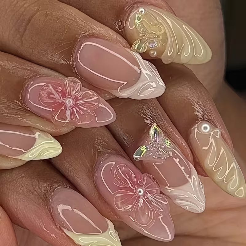 Almond Press-On Nails - 3D Butterfly & French Floral Swirl, 24 Pcs | OEM Wholesale