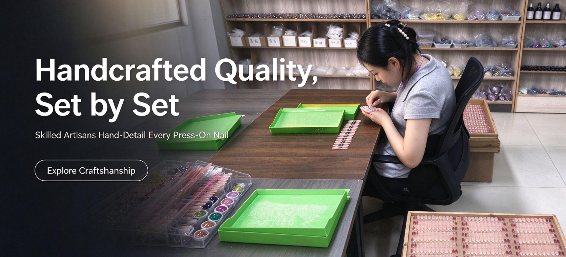 Handcrafted press-on nail sets being finished by hand